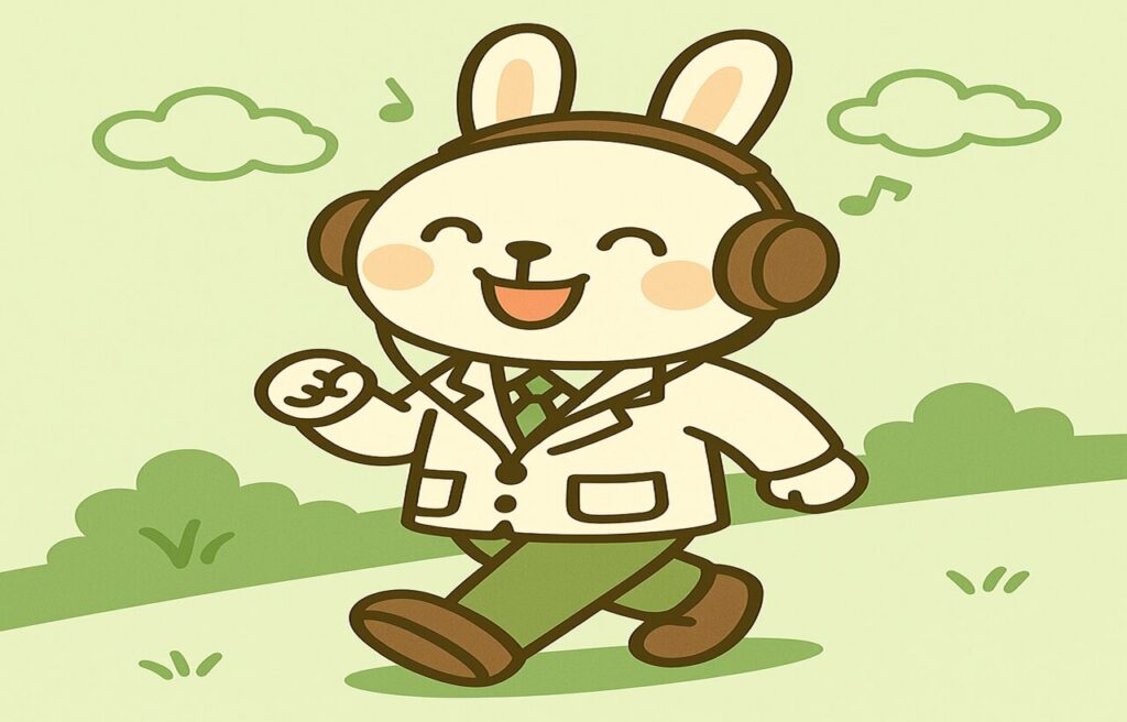 白衣を着たうさぎのキャラクター“みどりん”が、イヤホンで音楽を聴きながら笑顔で散歩しているイラスト。背景は緑の草原と雲で、楽しげな音符も描かれている。